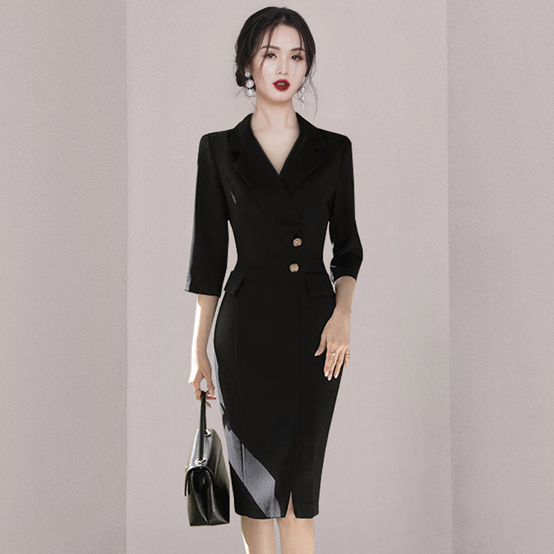 CM-DY006693 Women Elegant Seoul Style Suit Collar 3/4 Sleeve Midi Dress - Black