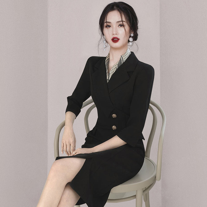 CM-DY006693 Women Elegant Seoul Style Suit Collar 3/4 Sleeve Midi Dress - Black