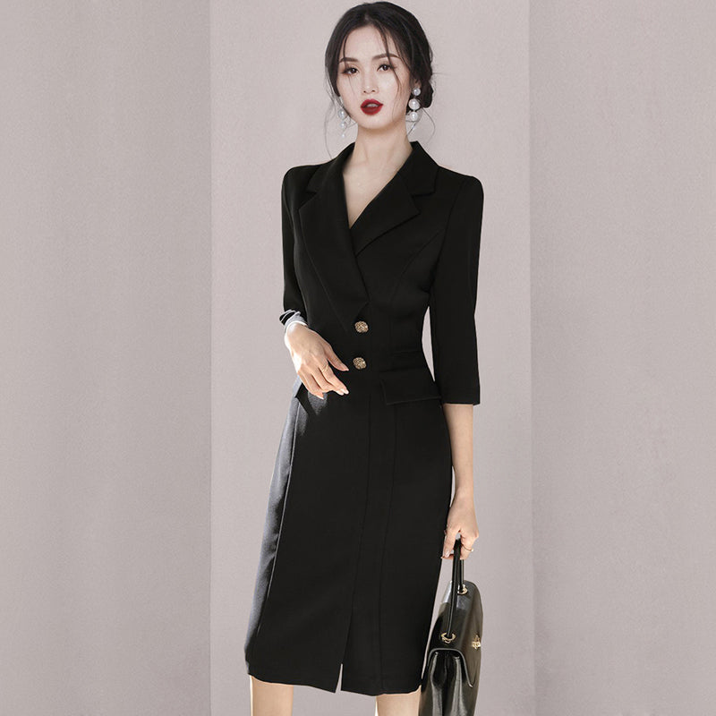 CM-DY006693 Women Elegant Seoul Style Suit Collar 3/4 Sleeve Midi Dress - Black