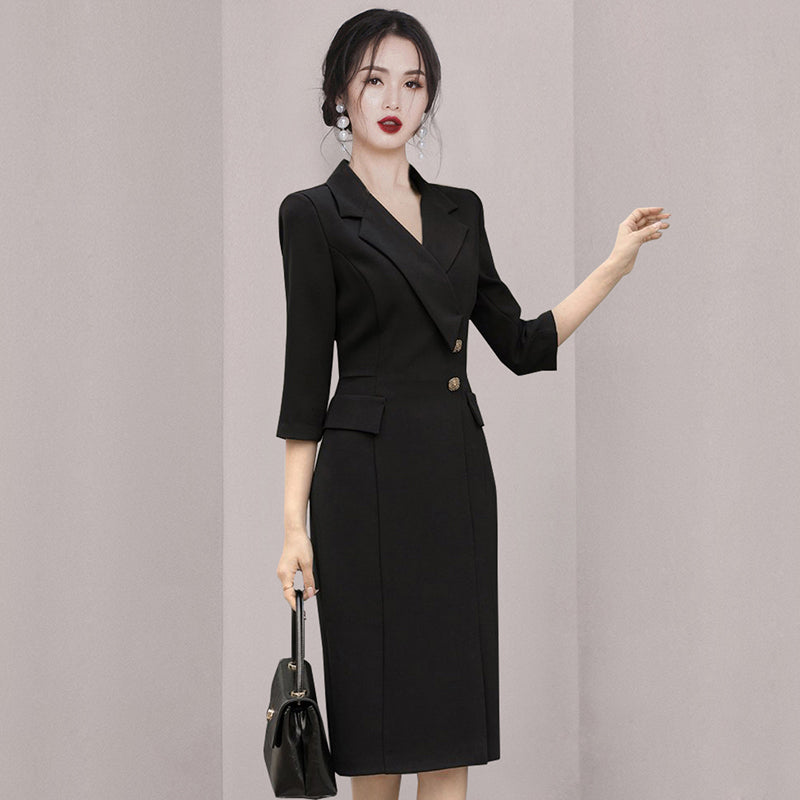 CM-DY006693 Women Elegant Seoul Style Suit Collar 3/4 Sleeve Midi Dress - Black