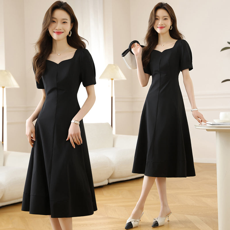 CM-DY006923 Women Elegant Seoul Style Square Neckline Short Sleeve Mid-Length Dress - Black