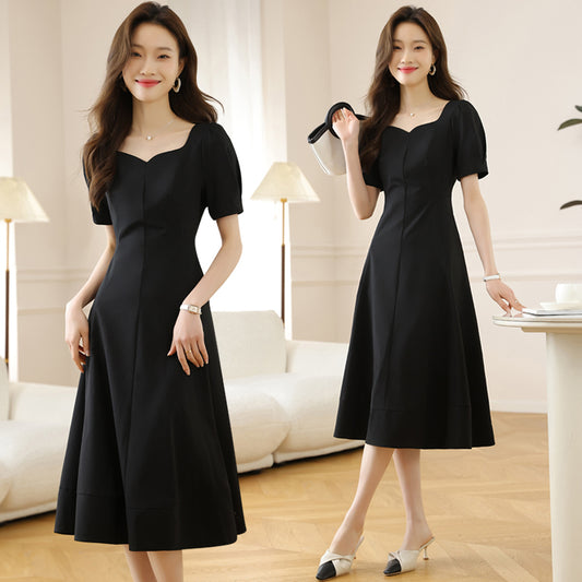 CM-DY006923 Women Elegant Seoul Style Square Neckline Short Sleeve Mid-Length Dress - Black