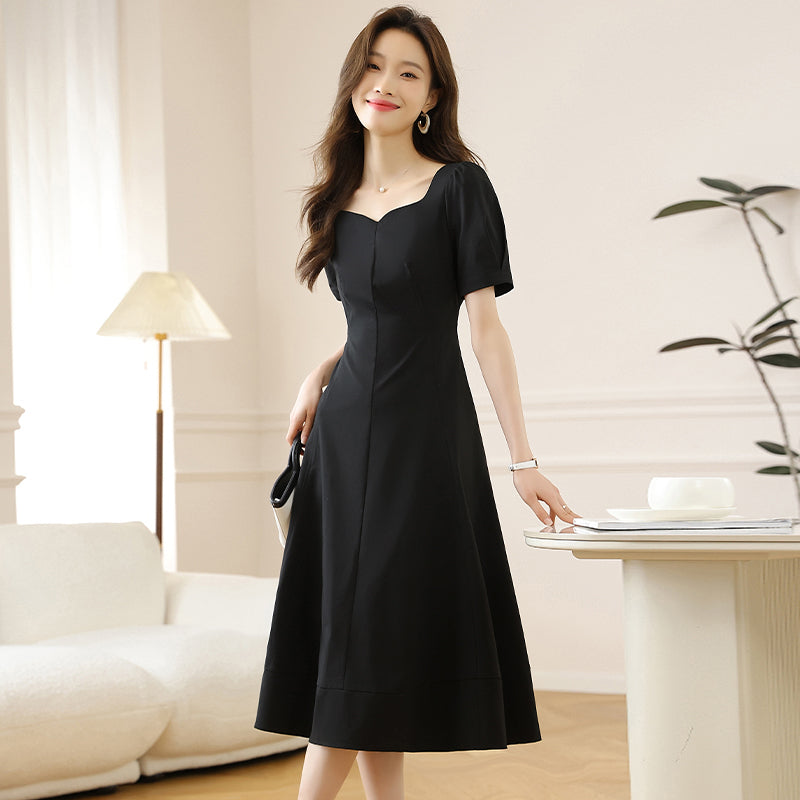 CM-DY006923 Women Elegant Seoul Style Square Neckline Short Sleeve Mid-Length Dress - Black