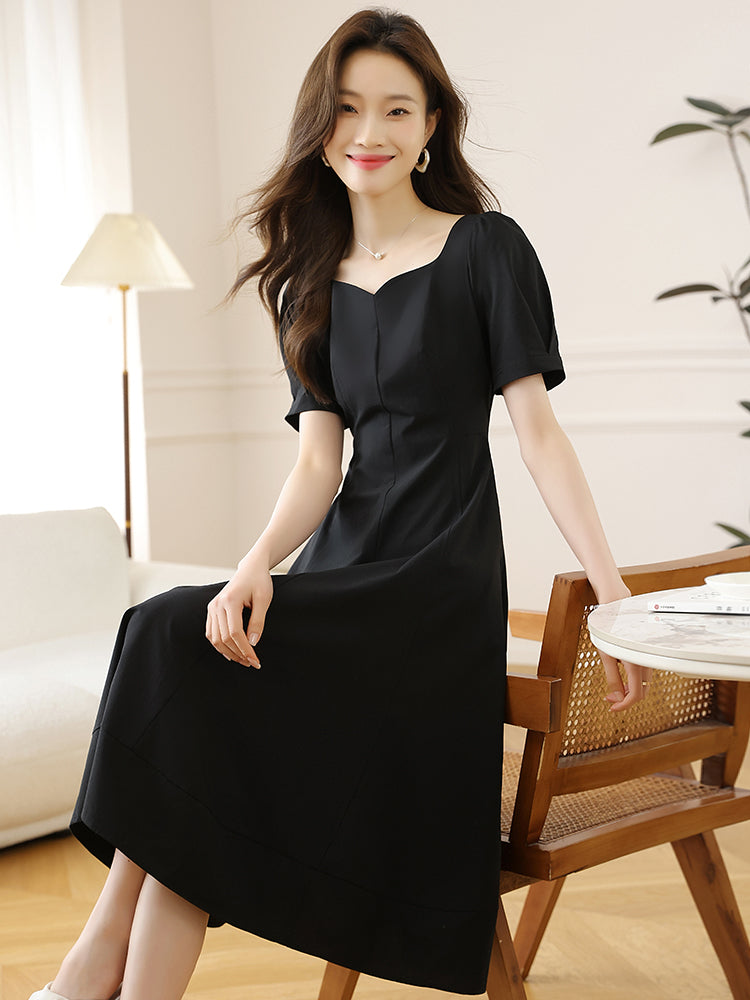 CM-DY006923 Women Elegant Seoul Style Square Neckline Short Sleeve Mid-Length Dress - Black