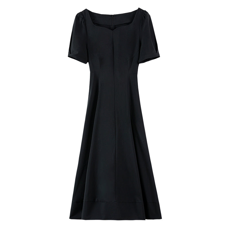 CM-DY006923 Women Elegant Seoul Style Square Neckline Short Sleeve Mid-Length Dress - Black
