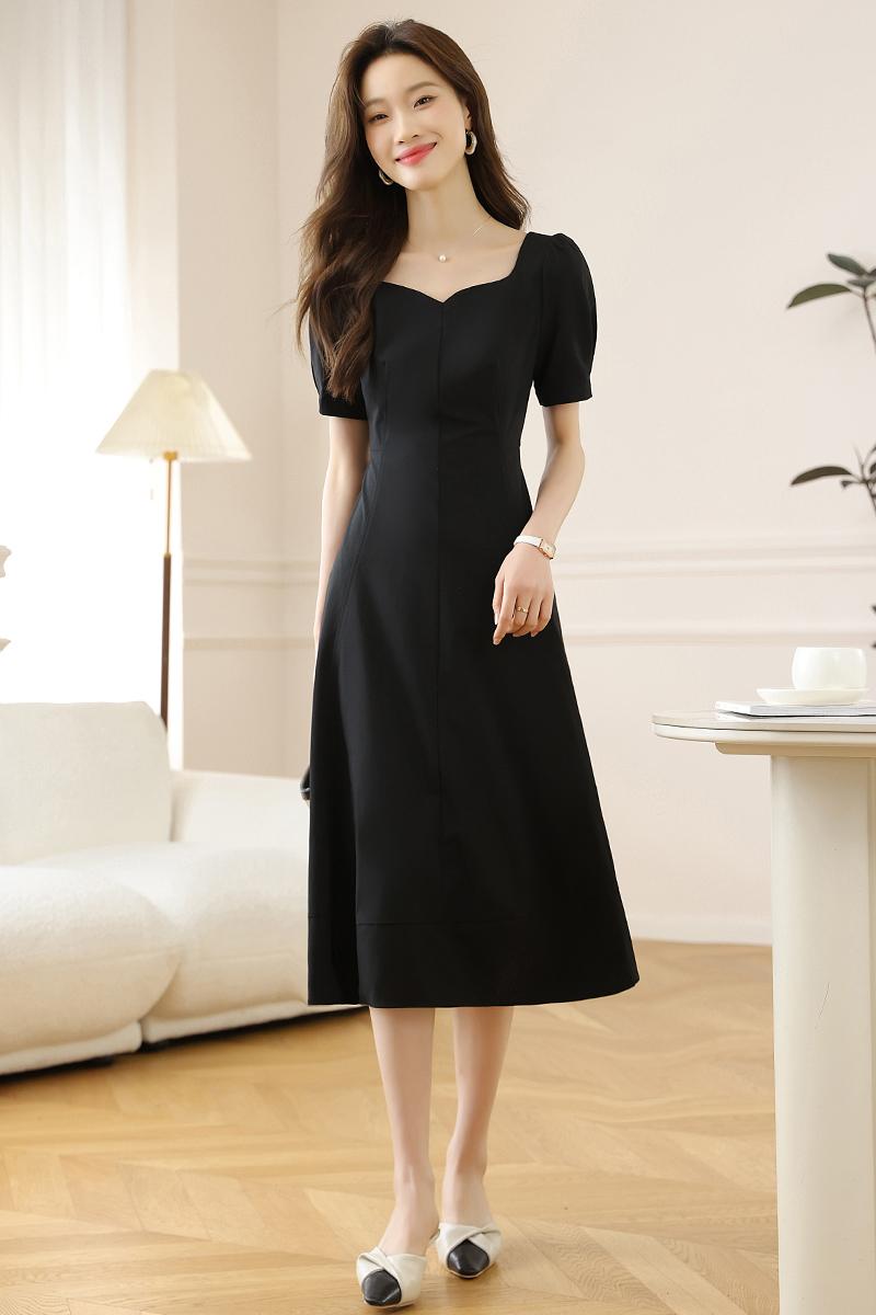 CM-DY006923 Women Elegant Seoul Style Square Neckline Short Sleeve Mid-Length Dress - Black