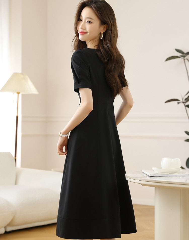 CM-DY006923 Women Elegant Seoul Style Square Neckline Short Sleeve Mid-Length Dress - Black