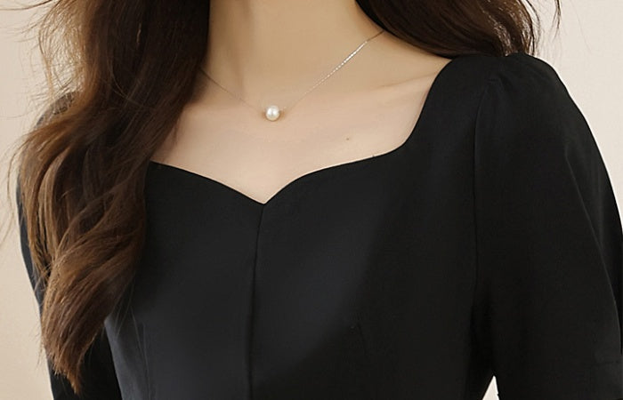 CM-DY006923 Women Elegant Seoul Style Square Neckline Short Sleeve Mid-Length Dress - Black