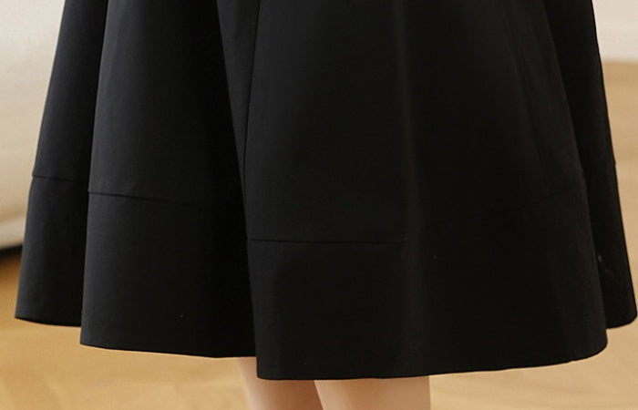 CM-DY006923 Women Elegant Seoul Style Square Neckline Short Sleeve Mid-Length Dress - Black