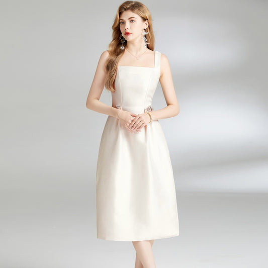 CM-DY007600 Women Elegant European Style Square Neck Sleeveless A-Line Dress - Apricot