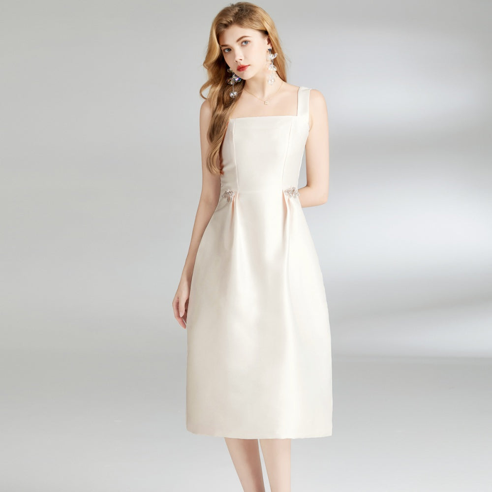 CM-DY007600 Women Elegant European Style Square Neck Sleeveless A-Line Dress - Apricot