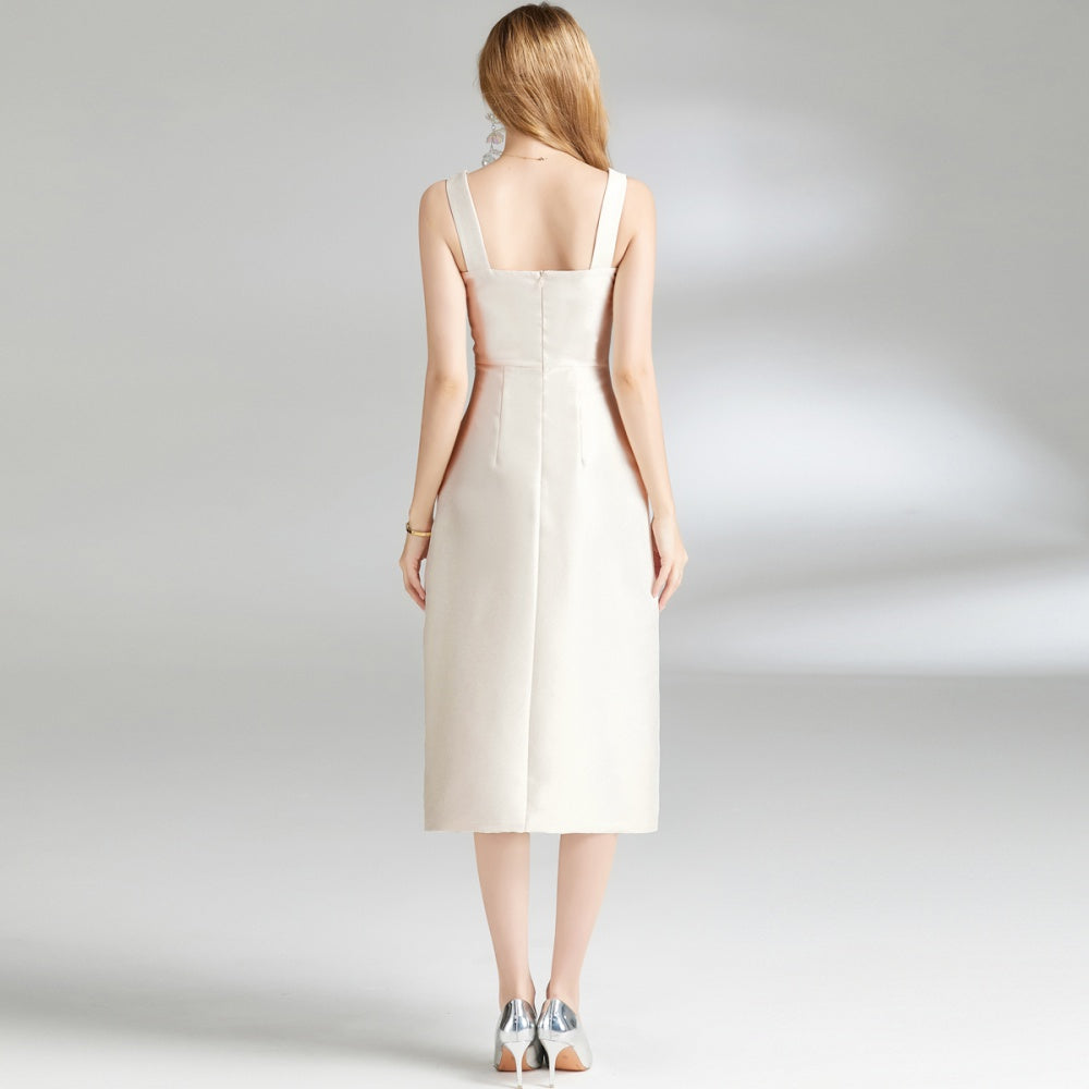 CM-DY007600 Women Elegant European Style Square Neck Sleeveless A-Line Dress - Apricot
