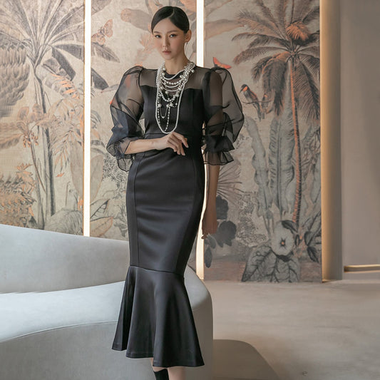 CM-DY007653 Women Elegant Seoul Style Lotus Leaf Collar Long Sleeve Dress - Black