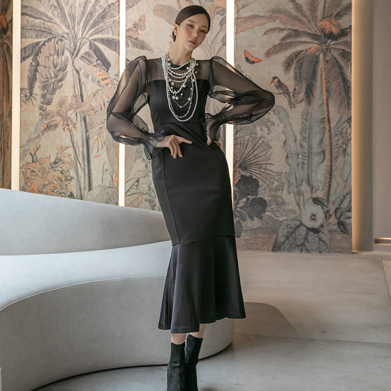 CM-DY007653 Women Elegant Seoul Style Lotus Leaf Collar Long Sleeve Dress - Black