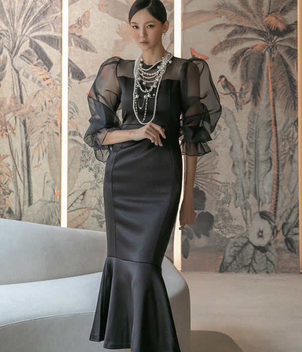 CM-DY007653 Women Elegant Seoul Style Lotus Leaf Collar Long Sleeve Dress - Black