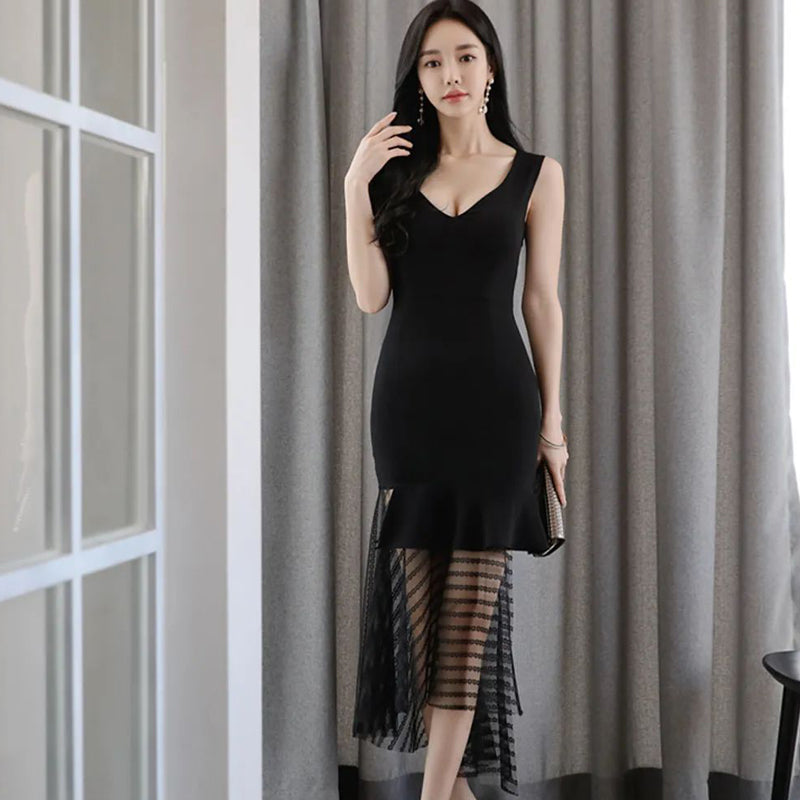 CM-DY007655 Women Elegant Seoul Style V-Neck Sleeveless Slim Dress - Black
