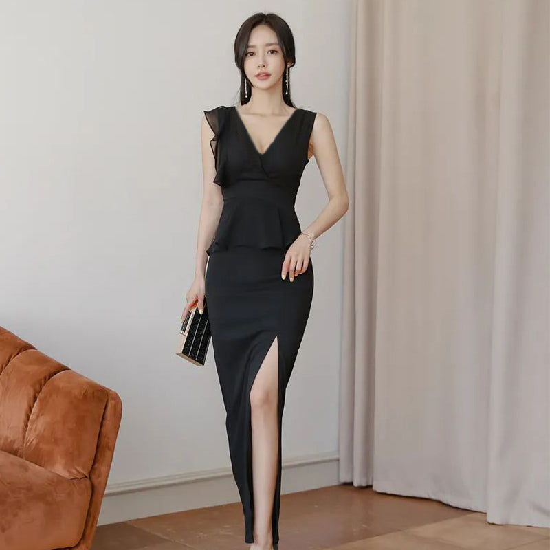 CM-DY007656 Women Elegant Seoul Style V-Neck Sleeveless Long Dress - Black