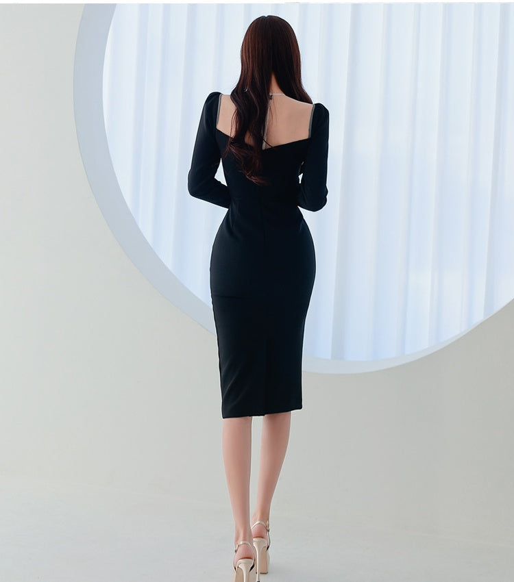 CM-DY007657 Women Elegant Seoul Style Square Neck Long Sleeve Midi Dress - Black