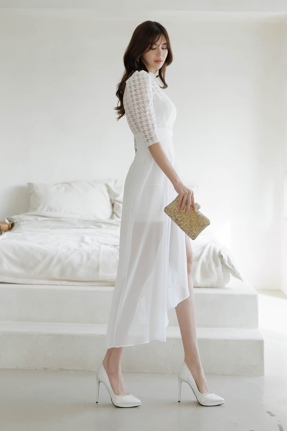 CM-DY007662 Women Elegant Seoul Style Stand Collar Half Sleeve Lace Dress - White