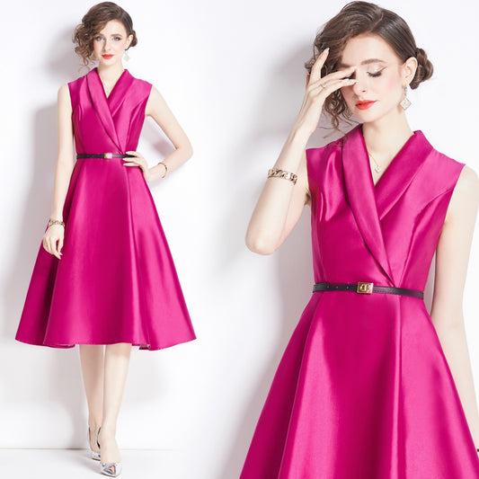 CM-DY007692 Women Elegant European Style V-Neck Sleeveless Slim Dress  - Rose Red