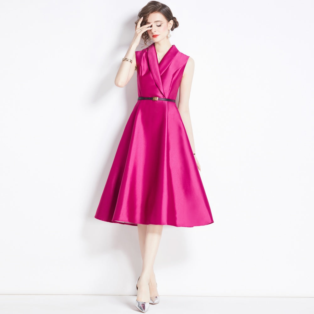 CM-DY007692 Women Elegant European Style V-Neck Sleeveless Slim Dress  - Rose Red