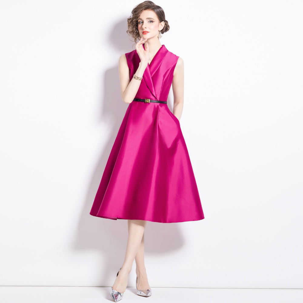 CM-DY007692 Women Elegant European Style V-Neck Sleeveless Slim Dress  - Rose Red