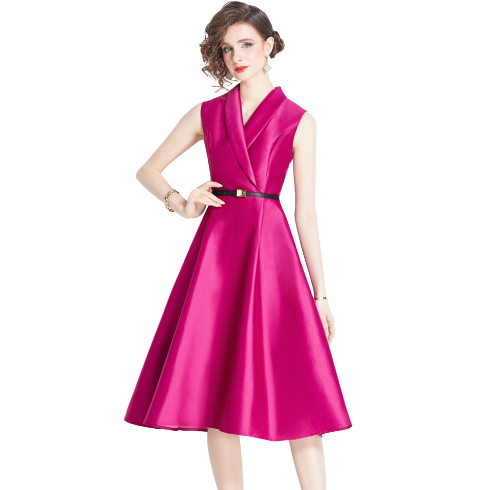 CM-DY007692 Women Elegant European Style V-Neck Sleeveless Slim Dress  - Rose Red