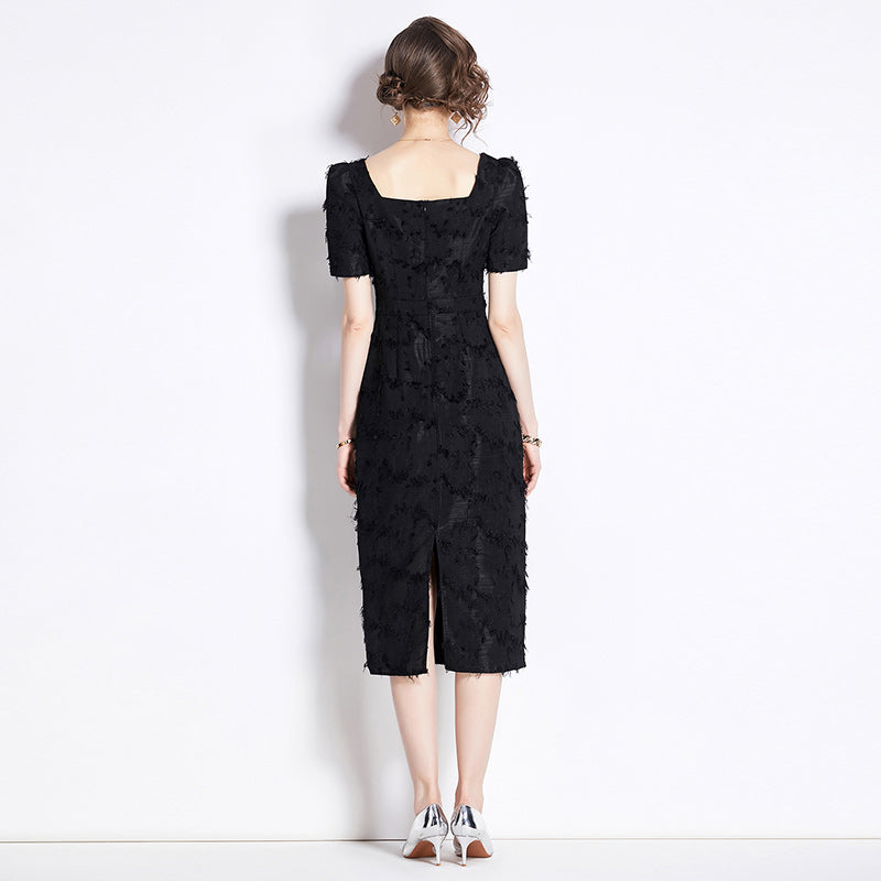 CM-DY007694 Women Elegant European Style Square Neck Short Sleeve Midi Dress - Black