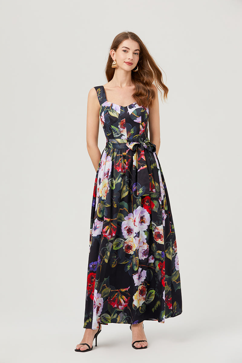 CM-DY007761 Women Casual European Style Floral Prnts Square Neck Sleeveless High Waist Slim Maxi Dress (Available in 2 colors)