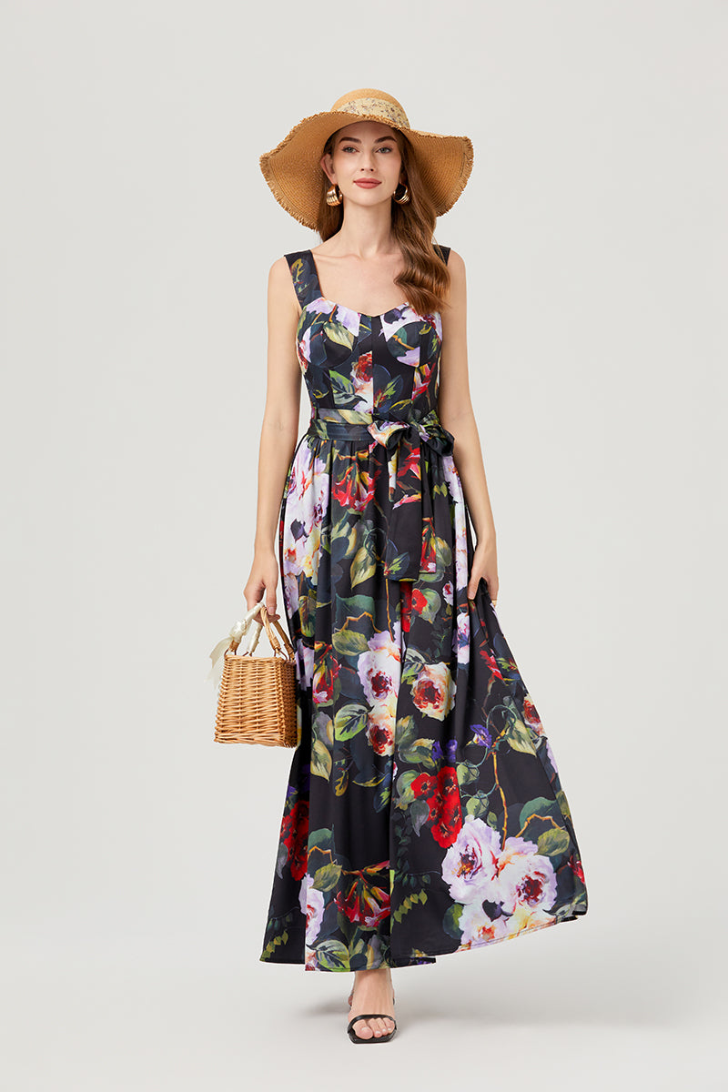 CM-DY007761 Women Casual European Style Floral Prnts Square Neck Sleeveless High Waist Slim Maxi Dress (Available in 2 colors)