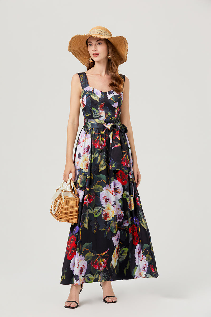 CM-DY007761 Women Casual European Style Floral Prnts Square Neck Sleeveless High Waist Slim Maxi Dress (Available in 2 colors)