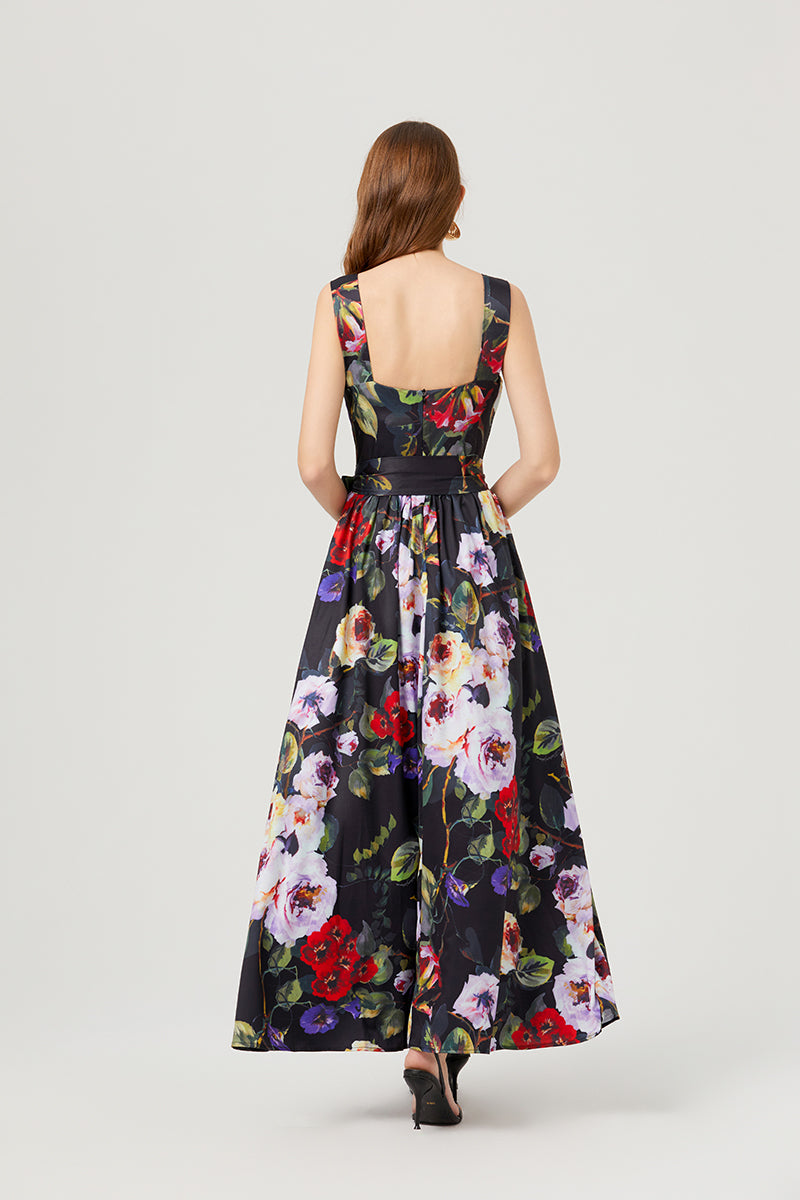 CM-DY007761 Women Casual European Style Floral Prnts Square Neck Sleeveless High Waist Slim Maxi Dress (Available in 2 colors)