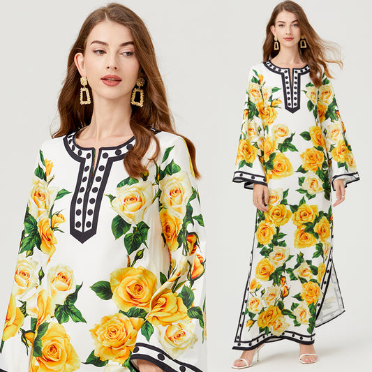CM-DY007762 Women Retro European Style Floral Prints Long Sleeve Maxi Dress - Yellow