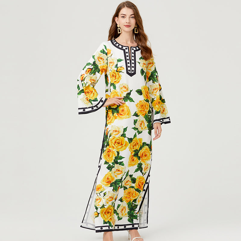 CM-DY007762 Women Retro European Style Floral Prints Long Sleeve Maxi Dress - YEelow