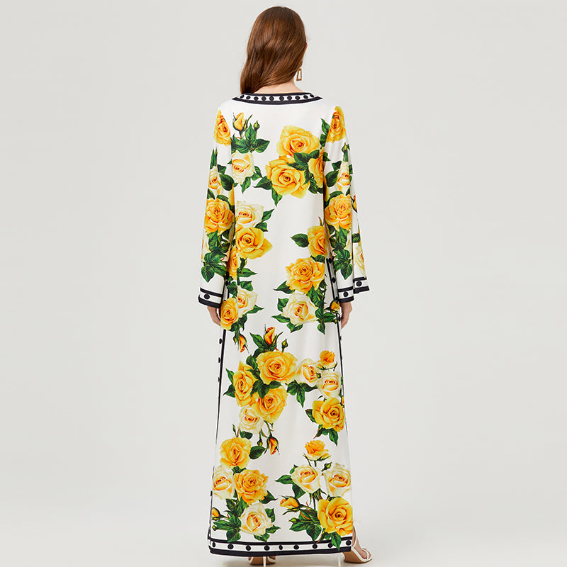 CM-DY007762 Women Retro European Style Floral Prints Long Sleeve Maxi Dress - YEelow