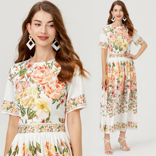 CM-DY007763 Women Casual Euroepan Style Floral Prints Round Neck Short Sleeve A-Line Dress