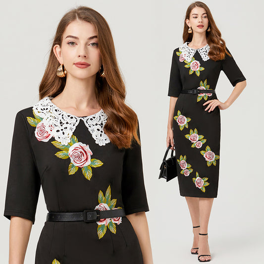 CM-DY007958 Women Elegant European Style Floral Embroidery Short Sleeve Dress With Belt