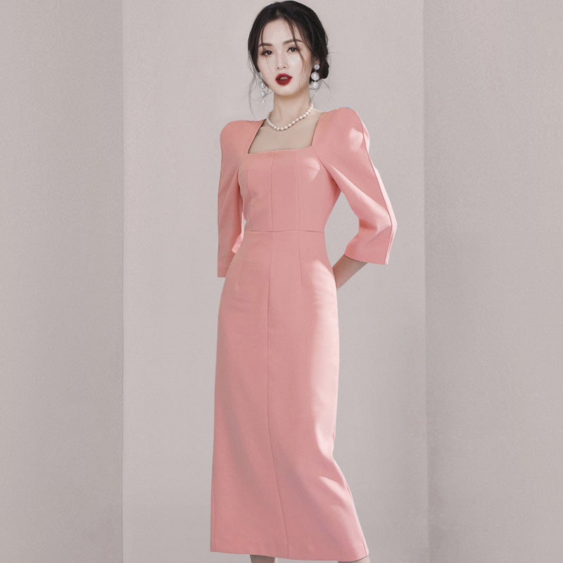 CM-DY008268 Women Elegant Seoul Style Square Collar 3/4 Sleeve Midi Dress - Light Pink