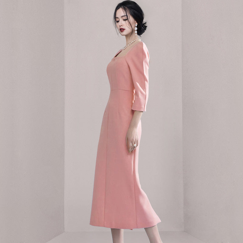 CM-DY008268 Women Elegant Seoul Style Square Collar 3/4 Sleeve Midi Dress - Light Pink