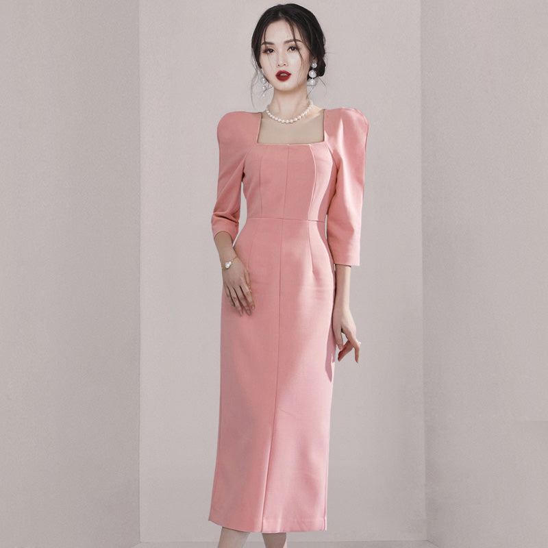 CM-DY008268 Women Elegant Seoul Style Square Collar 3/4 Sleeve Midi Dress - Light Pink