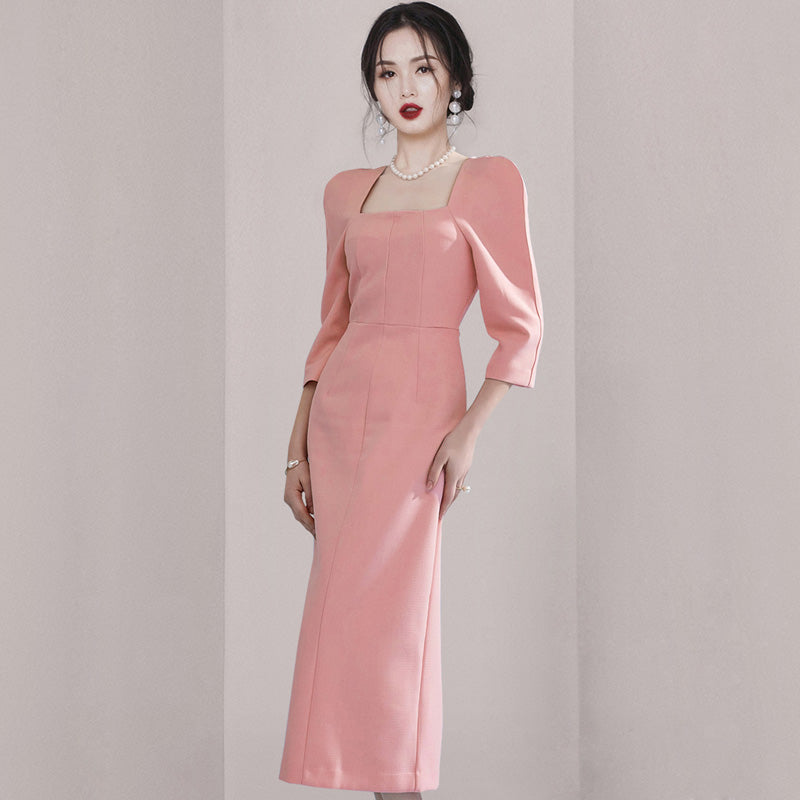 CM-DY008268 Women Elegant Seoul Style Square Collar 3/4 Sleeve Midi Dress - Light Pink