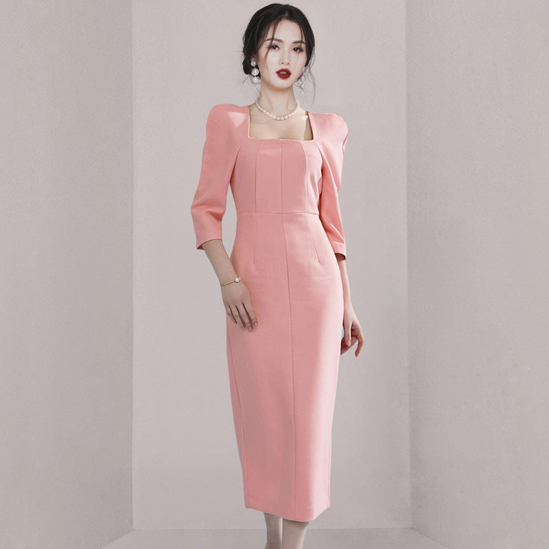 CM-DY008268 Women Elegant Seoul Style Square Collar 3/4 Sleeve Midi Dress - Light Pink