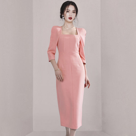 CM-DY008268 Women Elegant Seoul Style Square Collar 3/4 Sleeve Midi Dress - Light Pink