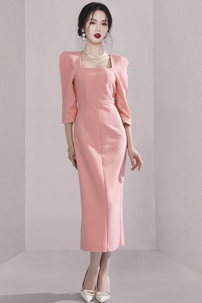 CM-DY008268 Women Elegant Seoul Style Square Collar 3/4 Sleeve Midi Dress - Light Pink