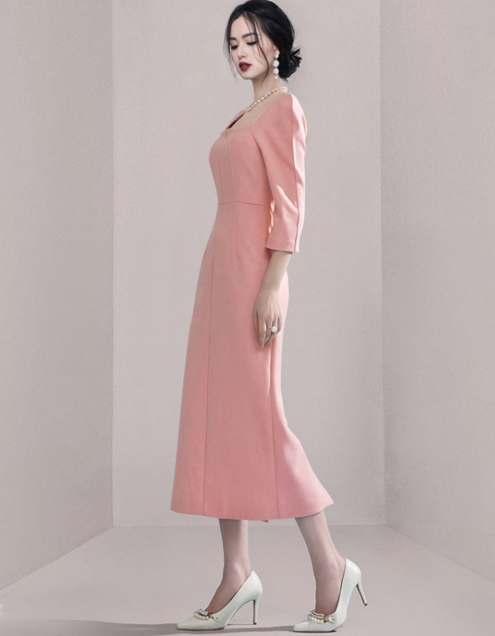 CM-DY008268 Women Elegant Seoul Style Square Collar 3/4 Sleeve Midi Dress - Light Pink