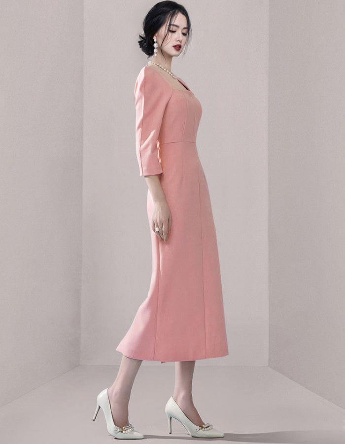 CM-DY008268 Women Elegant Seoul Style Square Collar 3/4 Sleeve Midi Dress - Light Pink