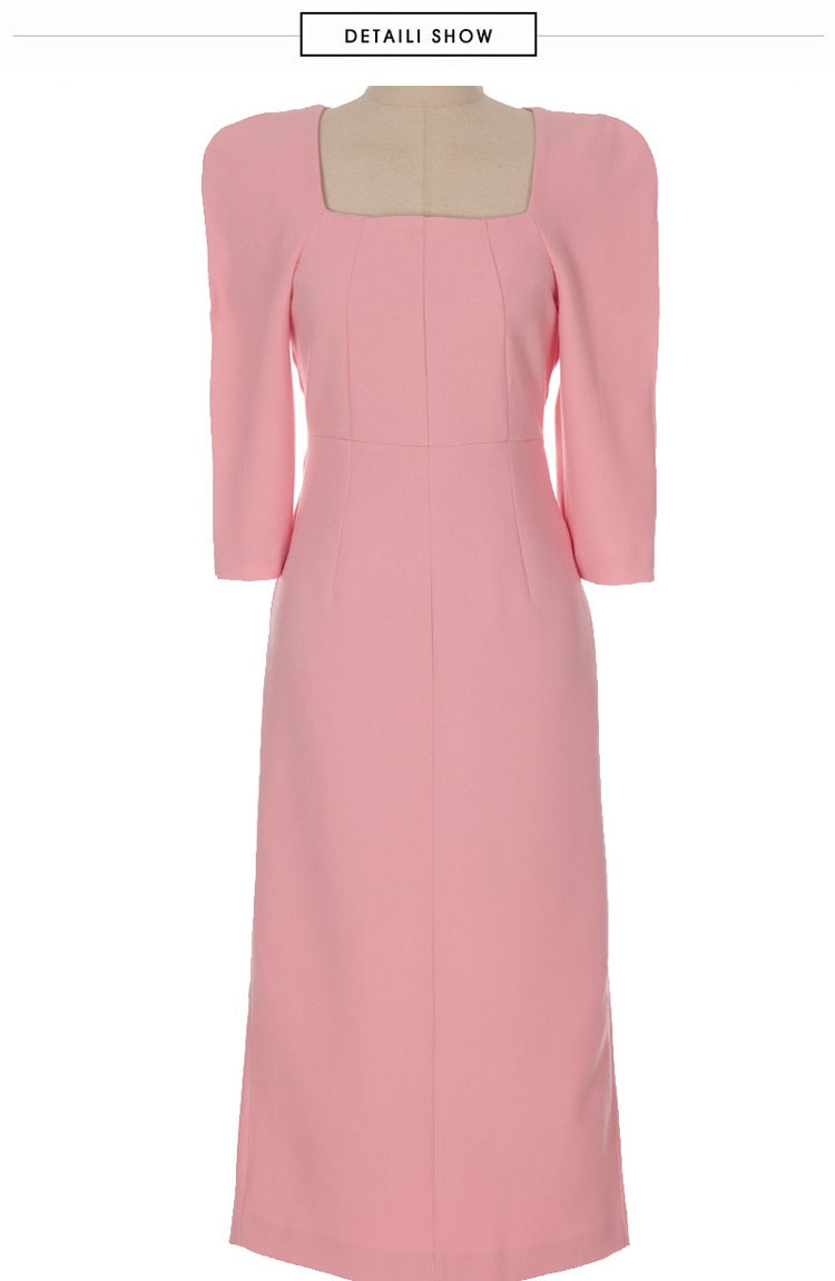 CM-DY008268 Women Elegant Seoul Style Square Collar 3/4 Sleeve Midi Dress - Light Pink