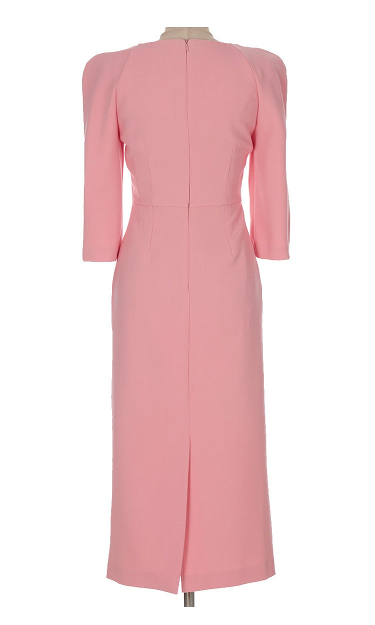 CM-DY008268 Women Elegant Seoul Style Square Collar 3/4 Sleeve Midi Dress - Light Pink