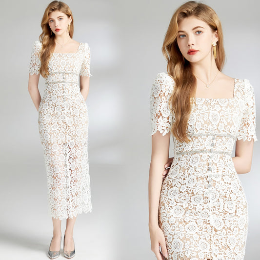 CM-DY008386 Women Elegant European Style Round Neck Short Sleeve Hollow Slim Lace Long Dress - Beige