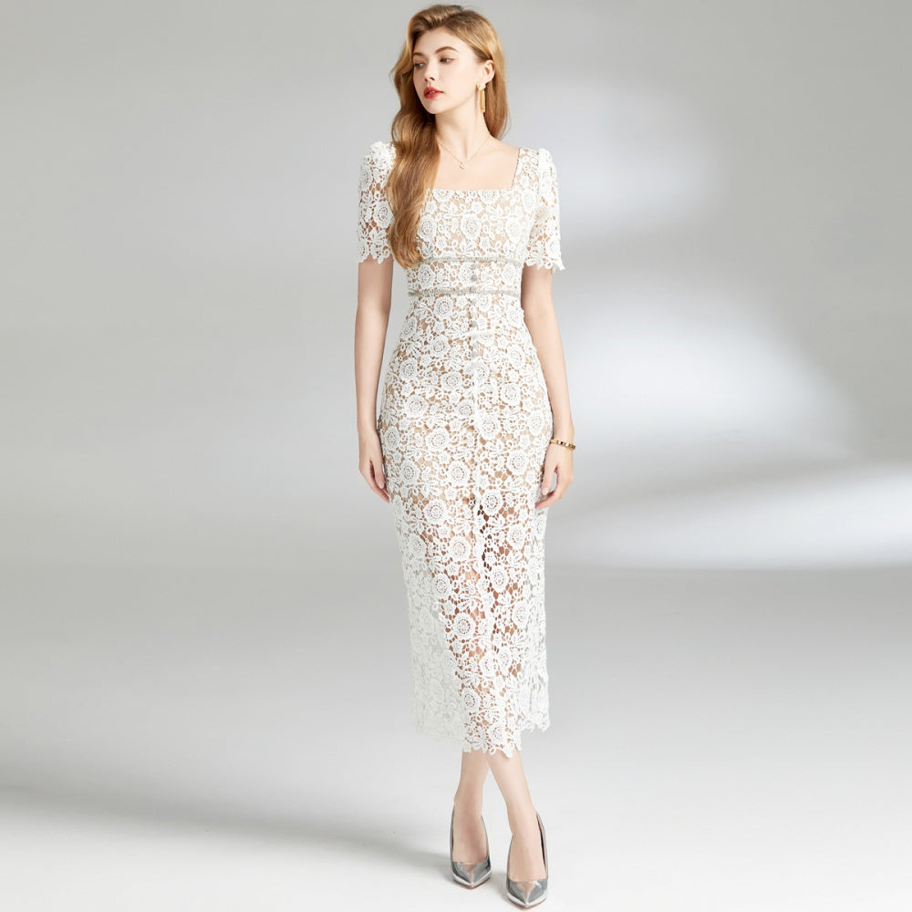 CM-DY008386 Women Elegant European Style Round Neck Short Sleeve Hollow Slim Lace Long Dress - Beige